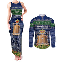 Personalised Tokelau Christmas Couples Matching Tank Maxi Dress and Long Sleeve Button Shirts Coat of Arms and Map Beautiful Merry Xmas Snowflake LT03 Blue - Polynesian Pride