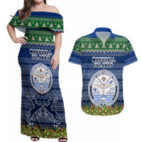 Personalised Marshall Islands Christmas Couples Matching Off Shoulder Maxi Dress and Hawaiian Shirt Coat of Arms and Map Beautiful Merry Xmas Snowflake LT03 Blue - Polynesian Pride