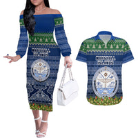 Personalised Marshall Islands Christmas Couples Matching Off The Shoulder Long Sleeve Dress and Hawaiian Shirt Coat of Arms and Map Beautiful Merry Xmas Snowflake LT03 Blue - Polynesian Pride