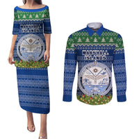 Personalised Marshall Islands Christmas Couples Matching Puletasi Dress and Long Sleeve Button Shirts Coat of Arms and Map Beautiful Merry Xmas Snowflake LT03 Blue - Polynesian Pride