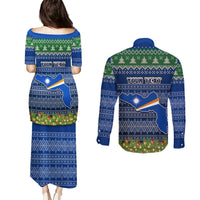 Personalised Marshall Islands Christmas Couples Matching Puletasi Dress and Long Sleeve Button Shirts Coat of Arms and Map Beautiful Merry Xmas Snowflake LT03 - Polynesian Pride