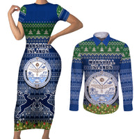 Personalised Marshall Islands Christmas Couples Matching Short Sleeve Bodycon Dress and Long Sleeve Button Shirts Coat of Arms and Map Beautiful Merry Xmas Snowflake LT03 Blue - Polynesian Pride