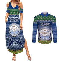 Personalised Marshall Islands Christmas Couples Matching Summer Maxi Dress and Long Sleeve Button Shirts Coat of Arms and Map Beautiful Merry Xmas Snowflake LT03 Blue - Polynesian Pride