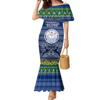 Personalised Marshall Islands Christmas Family Matching Mermaid Dress and Hawaiian Shirt Coat of Arms and Map Beautiful Merry Xmas Snowflake LT03 Mom's Dress Blue - Polynesian Pride