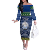 Personalised Marshall Islands Christmas Family Matching Off Shoulder Long Sleeve Dress and Hawaiian Shirt Coat of Arms and Map Beautiful Merry Xmas Snowflake LT03 Mom's Dress Blue - Polynesian Pride
