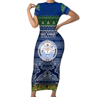 Personalised Marshall Islands Christmas Family Matching Short Sleeve Bodycon Dress and Hawaiian Shirt Coat of Arms and Map Beautiful Merry Xmas Snowflake LT03 Mom's Dress Blue - Polynesian Pride