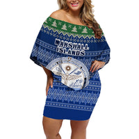 Personalised Marshall Islands Christmas Off Shoulder Short Dress Coat of Arms and Map Beautiful Merry Xmas Snowflake LT03 Women Blue - Polynesian Pride