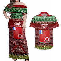 Personalised Wallis and Futuna Christmas Couples Matching Off Shoulder Maxi Dress and Hawaiian Shirt Coat of Arms and Map Beautiful Merry Xmas Snowflake LT03 Red - Polynesian Pride