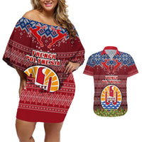 Personalised French Polynesia Christmas Couples Matching Off Shoulder Short Dress and Hawaiian Shirt Coat of Arms and Map Beautiful Merry Xmas Snowflake LT03 Red - Polynesian Pride
