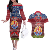 Personalised French Polynesia Christmas Couples Matching Off The Shoulder Long Sleeve Dress and Hawaiian Shirt Coat of Arms and Map Beautiful Merry Xmas Snowflake LT03 Red - Polynesian Pride
