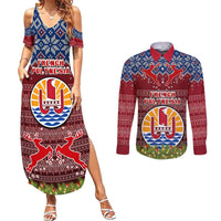 Personalised French Polynesia Christmas Couples Matching Summer Maxi Dress and Long Sleeve Button Shirts Coat of Arms and Map Beautiful Merry Xmas Snowflake LT03 Red - Polynesian Pride