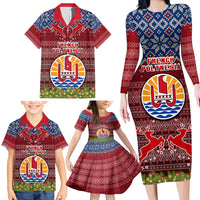 Personalised French Polynesia Christmas Family Matching Long Sleeve Bodycon Dress and Hawaiian Shirt Coat of Arms and Map Beautiful Merry Xmas Snowflake LT03 - Polynesian Pride