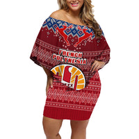 Personalised French Polynesia Christmas Family Matching Off Shoulder Short Dress and Hawaiian Shirt Coat of Arms and Map Beautiful Merry Xmas Snowflake LT03 Mom's Dress Red - Polynesian Pride