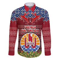 Personalised French Polynesia Christmas Family Matching Short Sleeve Bodycon Dress and Hawaiian Shirt Coat of Arms and Map Beautiful Merry Xmas Snowflake LT03 Dad's Shirt - Long Sleeve Red - Polynesian Pride