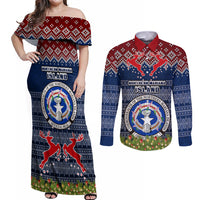 Personalised Northern Mariana Islands Christmas Couples Matching Off Shoulder Maxi Dress and Long Sleeve Button Shirts Coat of Arms and Map Beautiful Merry Xmas Snowflake LT03 Blue - Polynesian Pride
