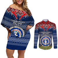 Personalised Northern Mariana Islands Christmas Couples Matching Off Shoulder Short Dress and Long Sleeve Button Shirts Coat of Arms and Map Beautiful Merry Xmas Snowflake LT03 Blue - Polynesian Pride