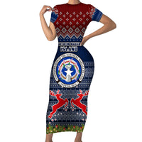 Personalised Northern Mariana Islands Christmas Family Matching Short Sleeve Bodycon Dress and Hawaiian Shirt Coat of Arms and Map Beautiful Merry Xmas Snowflake LT03 Mom's Dress Blue - Polynesian Pride