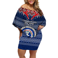 Personalised Northern Mariana Islands Christmas Off Shoulder Short Dress Coat of Arms and Map Beautiful Merry Xmas Snowflake LT03 Women Blue - Polynesian Pride