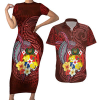 Tonga Humpback Whale Couples Matching Short Sleeve Bodycon Dress and Hawaiian Shirt National Seal with Hibiscus and Polynesian Tattoo LT03 Red - Polynesian Pride