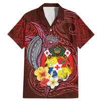 Tonga Humpback Whale Family Matching Mermaid Dress and Hawaiian Shirt National Seal with Hibiscus and Polynesian Tattoo LT03 Dad's Shirt - Short Sleeve Red - Polynesian Pride