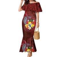 Tonga Humpback Whale Family Matching Mermaid Dress and Hawaiian Shirt National Seal with Hibiscus and Polynesian Tattoo LT03 Mom's Dress Red - Polynesian Pride