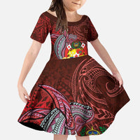 Tonga Humpback Whale Family Matching Off Shoulder Maxi Dress and Hawaiian Shirt National Seal with Hibiscus and Polynesian Tattoo LT03 Daughter's Dress Red - Polynesian Pride