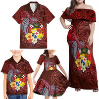 Tonga Humpback Whale Family Matching Off Shoulder Maxi Dress and Hawaiian Shirt National Seal with Hibiscus and Polynesian Tattoo LT03 - Polynesian Pride