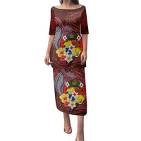 Tonga Humpback Whale Family Matching Puletasi and Hawaiian Shirt National Seal with Hibiscus and Polynesian Tattoo LT03 Mom's Dress Red - Polynesian Pride