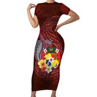 Tonga Humpback Whale Family Matching Short Sleeve Bodycon Dress and Hawaiian Shirt National Seal with Hibiscus and Polynesian Tattoo LT03 Mom's Dress Red - Polynesian Pride