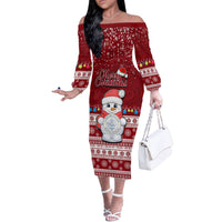 Palau Christmas Off The Shoulder Long Sleeve Dress Snowman and Palau Coat of Arms Maori Tribal Xmas Style LT03 Women Red - Polynesian Pride