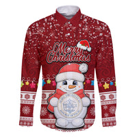 Personalised Palau Christmas Family Matching Mermaid Dress and Hawaiian Shirt Snowman and Palau Coat of Arms Maori Tribal Xmas Style LT03 Dad's Shirt - Long Sleeve Red - Polynesian Pride