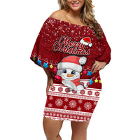 Personalised Palau Christmas Family Matching Off Shoulder Short Dress and Hawaiian Shirt Snowman and Palau Coat of Arms Maori Tribal Xmas Style LT03 Mom's Dress Red - Polynesian Pride