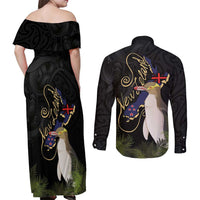 New Zealand Hoiho Couples Matching Off Shoulder Maxi Dress and Long Sleeve Button Shirt Maori Art Tattoo and Silver Fern LT03 - Polynesian Pride