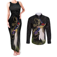 New Zealand Hoiho Couples Matching Tank Maxi Dress and Long Sleeve Button Shirt Maori Art Tattoo and Silver Fern LT03 Black - Polynesian Pride