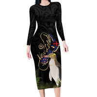 New Zealand Hoiho Family Matching Long Sleeve Bodycon Dress and Hawaiian Shirt Maori Art Tattoo and Silver Fern LT03 Mom's Dress Black - Polynesian Pride