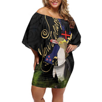 New Zealand Hoiho Family Matching Off Shoulder Short Dress and Hawaiian Shirt Maori Art Tattoo and Silver Fern LT03 Mom's Dress Black - Polynesian Pride