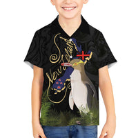 New Zealand Hoiho Family Matching Short Sleeve Bodycon Dress and Hawaiian Shirt Maori Art Tattoo and Silver Fern LT03 Son's Shirt Black - Polynesian Pride