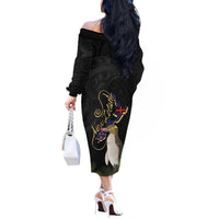 New Zealand Hoiho Off The Shoulder Long Sleeve Dress Maori Art Tattoo and Silver Fern LT03 - Polynesian Pride
