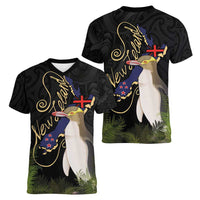 New Zealand Hoiho Women V-Neck T-Shirt Maori Art Tattoo and Silver Fern