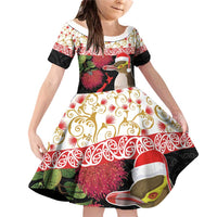 New Zealand Merry Christmas Family Matching Off Shoulder Short Dress and Hawaiian Shirt Hoiho Xmas - Haka Dance and Pohutukawa LT03 Daughter's Dress White - Polynesian Pride