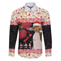 New Zealand Merry Christmas Family Matching Off Shoulder Short Dress and Hawaiian Shirt Hoiho Xmas - Haka Dance and Pohutukawa LT03 Dad's Shirt - Long Sleeve White - Polynesian Pride