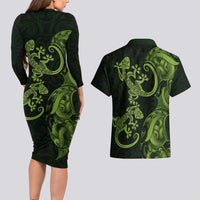 New Zealand Gecko Maori Art Tattoo Couples Matching Long Sleeve Bodycon Dress and Hawaiian Shirt LT03 - Polynesian Pride