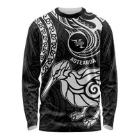 Personalised New Zealand Long Sleeve Shirt Stylized Kiwi Bird Tattoo Mix Koru Circle and Maori Ethnic Vibe LT03 Unisex Black - Polynesian Pride