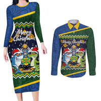 Funny Crocodile and Shark Solomon Islands Christmas Couples Matching Long Sleeve Bodycon Dress and Long Sleeve Button Shirt with National Seal Melanesian Pattern