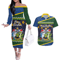 Funny Crocodile and Shark Solomon Islands Christmas Couples Matching Off The Shoulder Long Sleeve Dress and Hawaiian Shirt with National Seal Melanesian Pattern LT03 Blue - Polynesian Pride