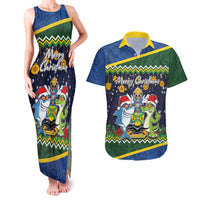 Funny Crocodile and Shark Solomon Islands Christmas Couples Matching Tank Maxi Dress and Hawaiian Shirt with National Seal Melanesian Pattern LT03 Blue - Polynesian Pride
