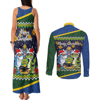 Funny Crocodile and Shark Solomon Islands Christmas Couples Matching Tank Maxi Dress and Long Sleeve Button Shirt with National Seal Melanesian Pattern