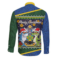 Funny Crocodile and Shark Solomon Islands Christmas Family Matching Long Sleeve Bodycon Dress and Hawaiian Shirt with National Seal Melanesian Pattern LT03 - Polynesian Pride