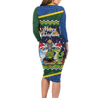 Funny Crocodile and Shark Solomon Islands Christmas Family Matching Long Sleeve Bodycon Dress and Hawaiian Shirt with National Seal Melanesian Pattern LT03 - Polynesian Pride