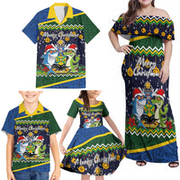 Funny Crocodile and Shark Solomon Islands Christmas Family Matching Off Shoulder Maxi Dress and Hawaiian Shirt with National Seal Melanesian Pattern LT03 - Polynesian Pride